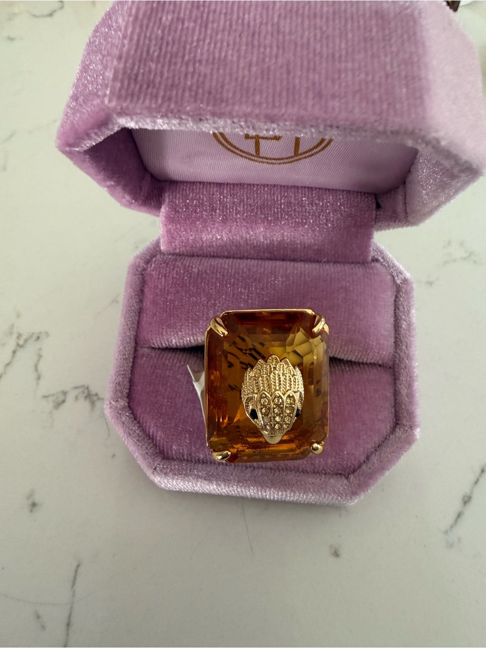 Kurt Geiger Gold-Tone Ring with Amber Stone and Crystal Detail
